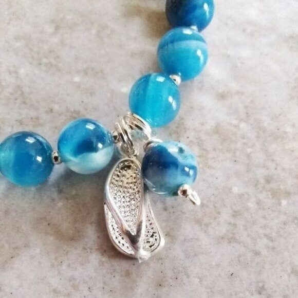 Ombre Sea Blue! Matched Bracelet + Earring Set! Silver Flip Flops & Blue Agates! - Picture 4 of 10